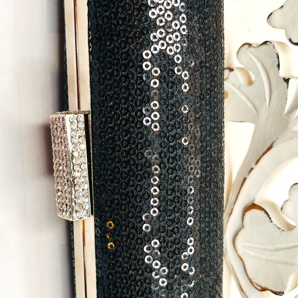 Vintage Black Sequin Cylindrical Clutch, Silver Chain, Elegant, 2000s